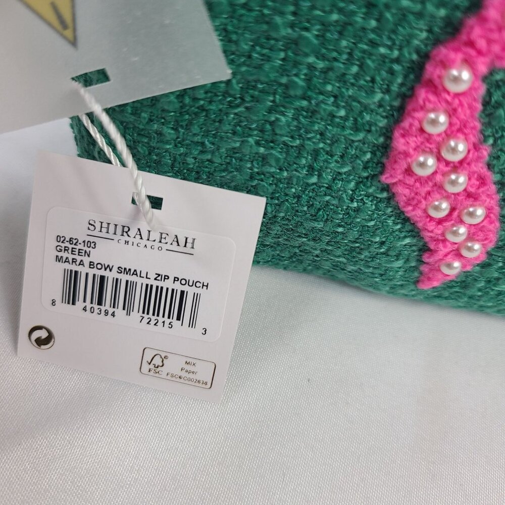 NWTShiraleah Mara Bow Small Green Zip Pouch With Pink Beaded Bow Design - Picture 3 of 7